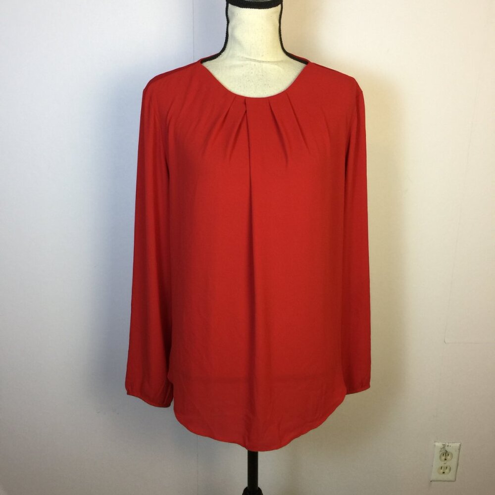 Ann Taylor Blouse Shirt Top Size L Womans Red Long Sleeve Semi-Sheer Pleated